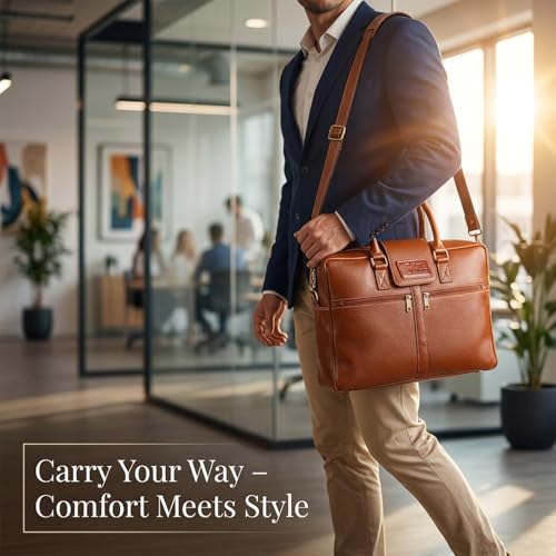 Image of Full Grain Genuine Leather Laptop Bag, with 15.6 inch Padded Laptop Compartment and Adjustable Shoulder Strap