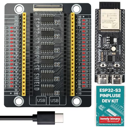 Image of Lonely Binary ESP32-S3 N16R8 PinPulse Shield GPIO LED 16MB for Arduino IDE | WROOM-1, 8MB PSRAM, dual-core 240MHz; WiFi + BT 5.0 LE; dual USB-C; visual per-GPIO LEDs, dual M /F headers; FPC display
