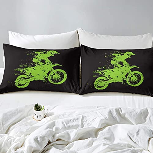 Homemissing Motocross Rider Bedding Set for Girls Boys Children Extreme Sports Theme Comforter Cover Dirt Bike Motorbike Duvet Cover Green Black Bedding & Linen Single Size Bedding 2Pcs - Image 2