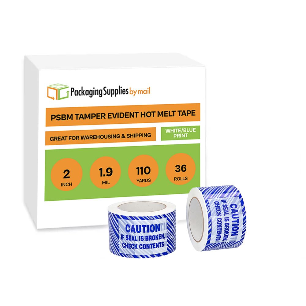 PSBM Broken Seal Tape, 2 Inch x 110 Yards, 36 Pack, Caution If Seal is Broken Check Contents in Blue Letters on White and Blue Striped Tamper Evident Tape