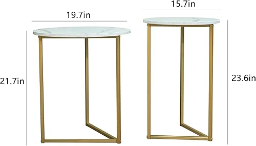 Miniatura 2 de LBSLMJB Juego de 2 mesas auxiliares, marco dorado circular y patrón de mármol, fácil de montar para sala de estar, dormitorio, apartamento, mesas de