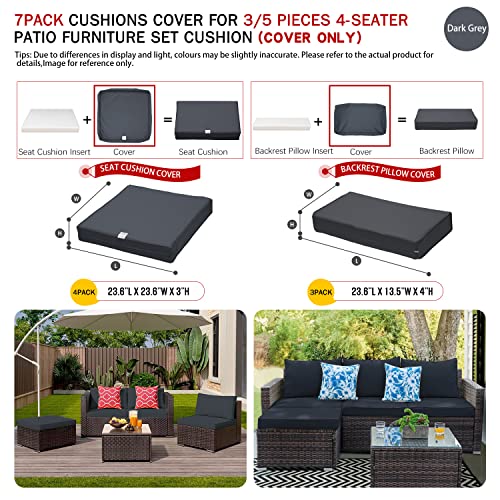 7Pack Outdoor Patio Cushions Pillows Replacement Covers Fit For 3 Or 5 Pieces 4-Seater Wicker Rattan Furniture Conversation Set Sectional Sofa Chair,Water-Resistant Fadeless,Dark Grey-Covers Only #TOP1