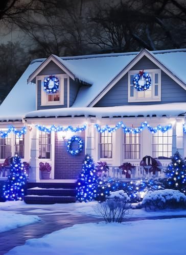 Minetom Solar Christmas Lights Outdoor Waterproof, 40FT 100 LED Solar Lights with 8 Modes, Solar Christmas Light Outdoor Decoration, Solar String Light for Outside Tree Party Yard, Blue& Pure White