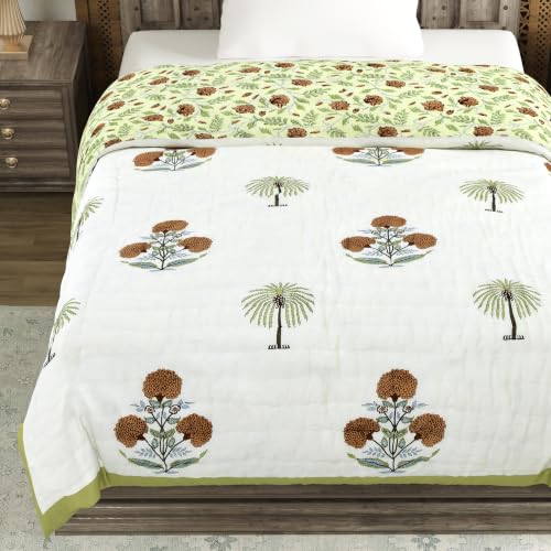 Image of BLOCKS OF INDIA Cotton Single Size Quilt Hand Block Print for Light Winters (60x90 Inches) (Open Green Motifs)