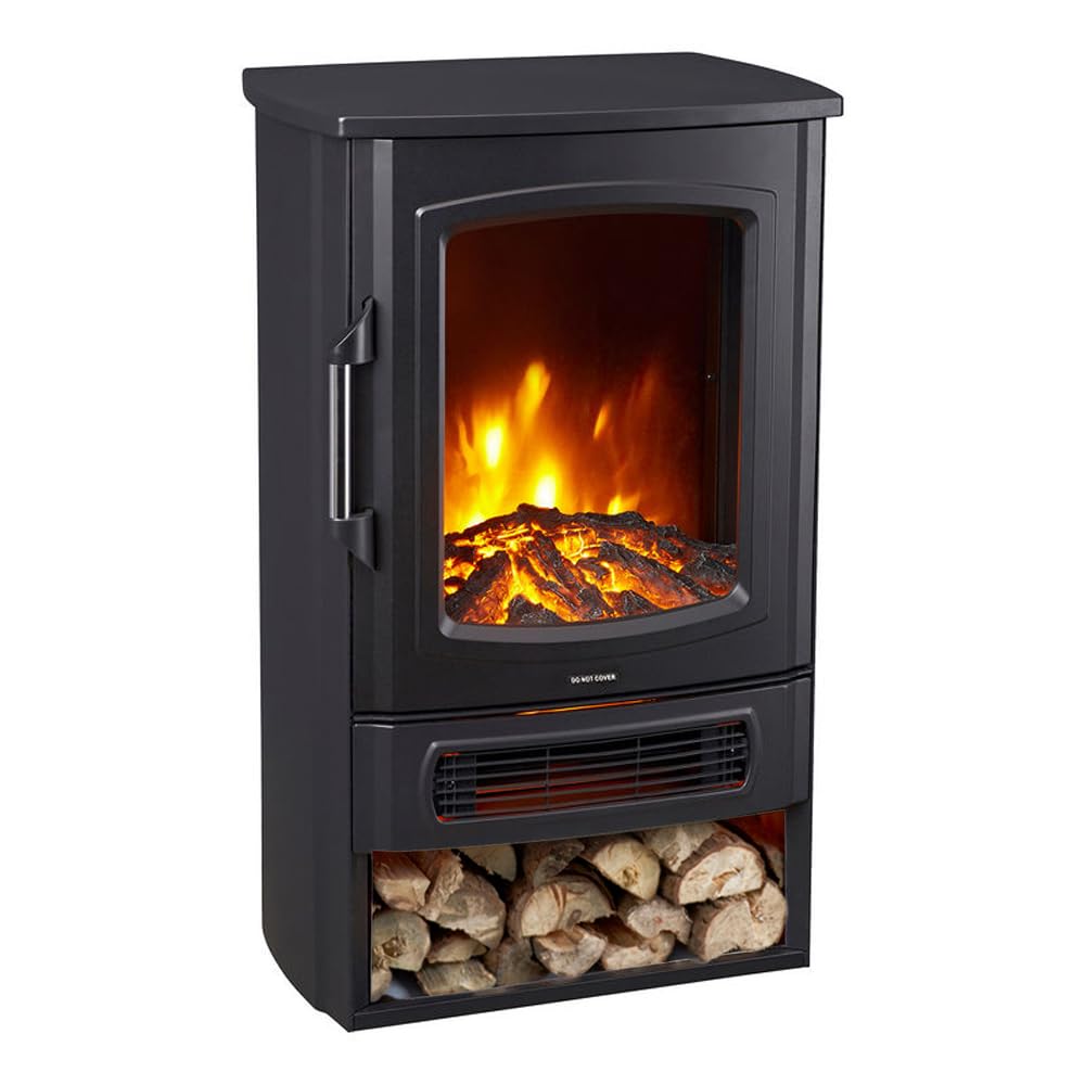 Neo Black 1000W / 2000W Freestanding Electric Fire Stove Heater Burner Realistic Flame And Log Store (Black)