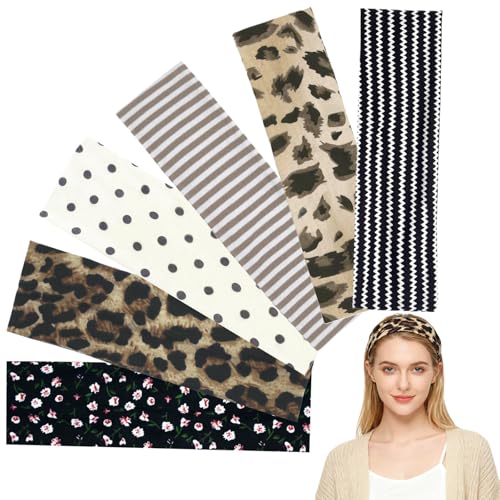 6 Pcs Anti-Slip Elastic Headbands for Women Soft Breathable Fabric Yoga Sweatbands Leopard Floral & Line Print for Fitness Running & Daily Wear