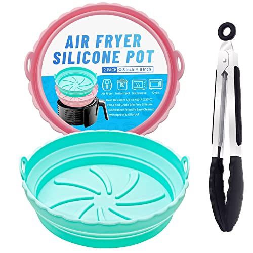 2-Pack Silicone Air Fryer Liner Folding Air Frying Silicone Liners, More Space Saving, Air Frying Silicone Basket,for 3 to 5 Qt for Air fryer Oven Accessories (Pink + Mint + Food Clip)