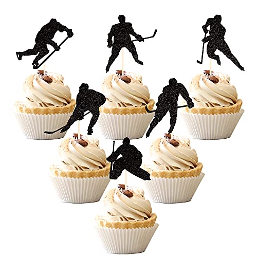 Image of 24 PCS Hockey Cupcake Toppers Black Glitter Hockey Players Cupcake Picks Ice Hockey Sports Theme Baby Shower Boys Girls Birthday Party Cake Decorations Supplies