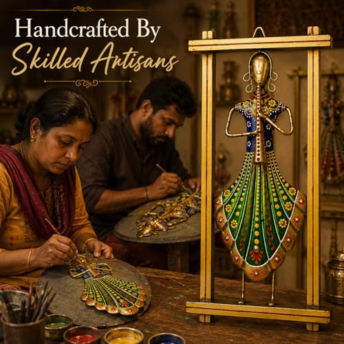 Image of iHandikart Handmade Metal Wall Art with Flute Player Design | Traditional Indian Musician Wall Hanging Decor | Hand-Painted Iron Wall Sculpture for Living Room & Bedroom Decoration | 13 x 7 Inch