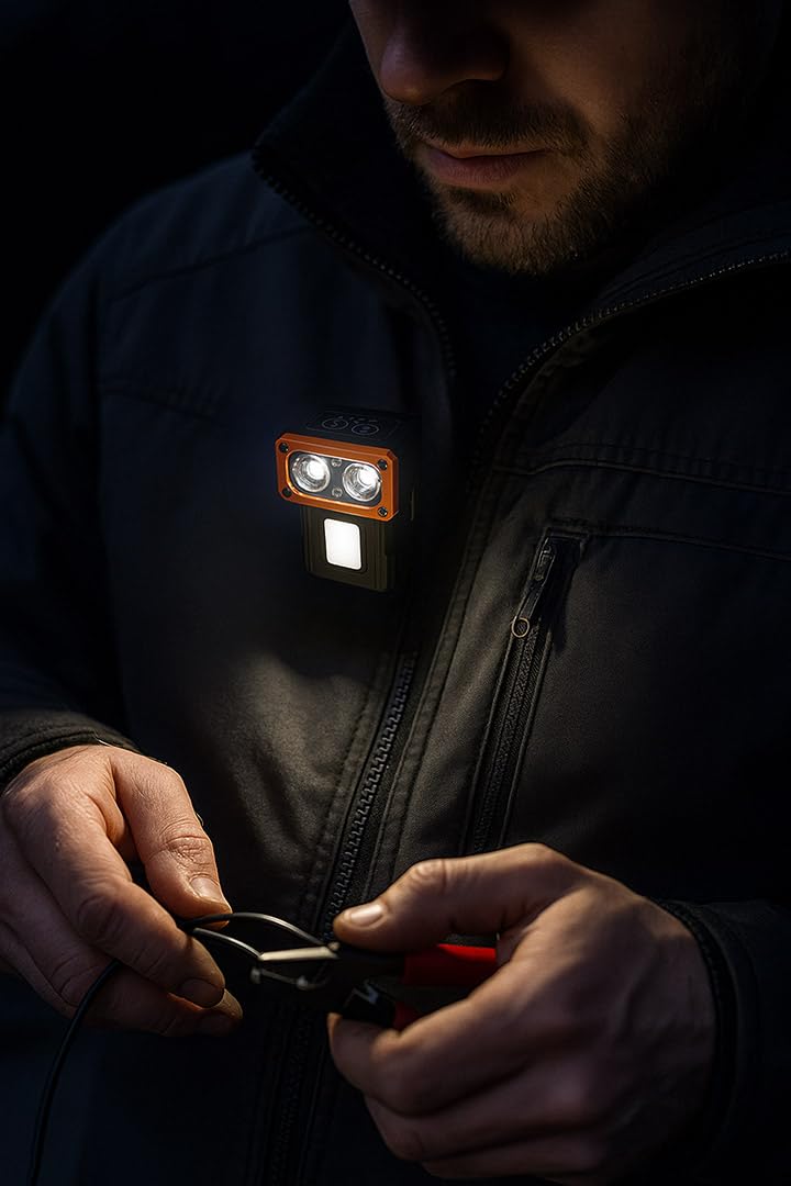 NEO TOOLS Lampada frontale a LED ricaricabile, super luminosa, 500 lumen, con sensore, luce rossa e stazione di ricarica, luce frontale leggera, per campeggio, pesca, officina, riparazioni