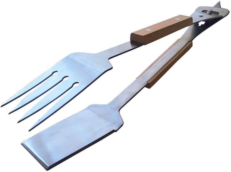 Triple Seven Designs All in One BBQ Grill Tongs Tool Stainless Steel and Wood Tongs, Spatula, Fork, Bottle Opener, Can Opener - 6 in 1 Barbecue Grilling Accessories Turner