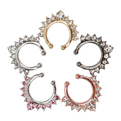 Misscat 5pcs Fake Septum Clicker Crystal Nose Hoop Ring Non Piercing Clip on Jewelry