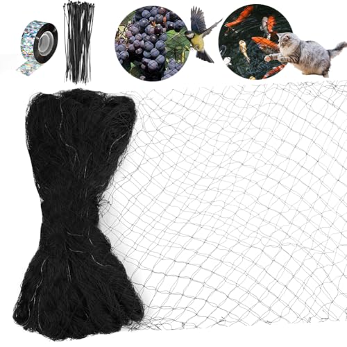 AOOWU Malla Antipajaros, 7.5 X 7.5m Red Antipajaros con Bridas y Cinta Repelente de Aves, Red de 25 mm Reutilizable Malla Tejida Extrafuerte para Proteger Frutas, Plantas, Cultivos Verduras(Negro)
