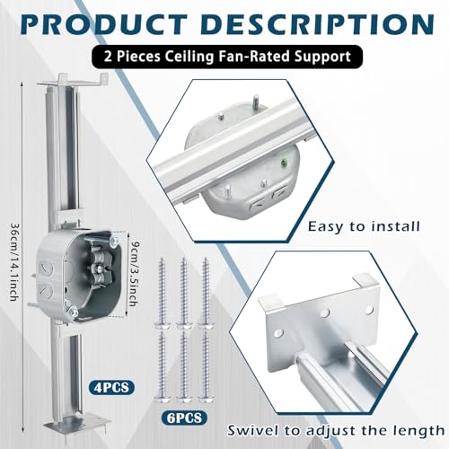 Image of Tandefio 4 Pcs Adjustable Ceiling Fan Bracket Ceiling Mounting Bracket Electrical Box for Fans and Light Fixtures, 14.7 Inches in Length