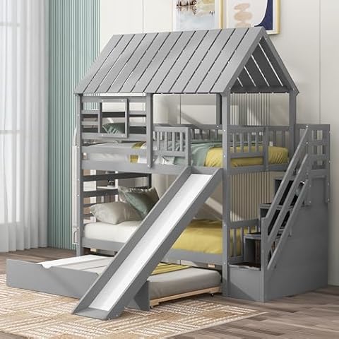 MERITLINE House Bunk Beds with Slide,Twin Over Twin Bunk Bed with Storage Stairs and Trundle, Wood Kids Bunk Bed with Roof and Window Design for Girls, Boys,Grey Cover