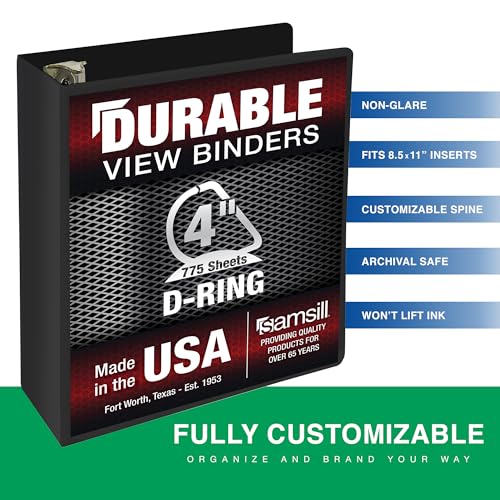 Image of Samsill Durable 4 Inch Binder, Locking D Ring Binder, Customizable Clear View Cover, Charcoal Black, Holds 775 Pages