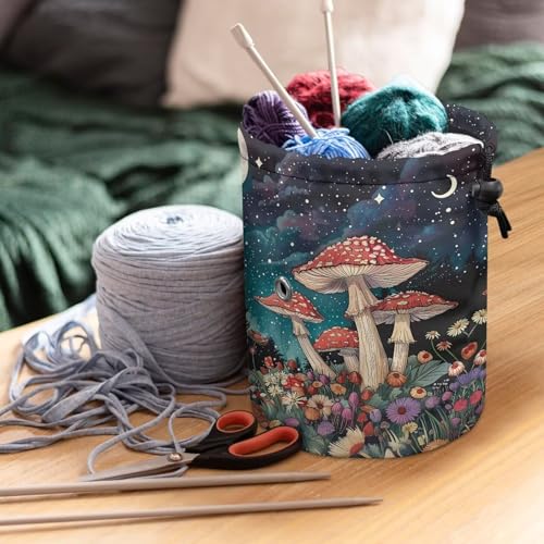 Image of Sellikakes Mushroom Floral Yarn Bag with Drawstring, Yarn Holder Crocheting Storage Basket Organizer Crochet Holder for Crocheting Project Store Skein Ball