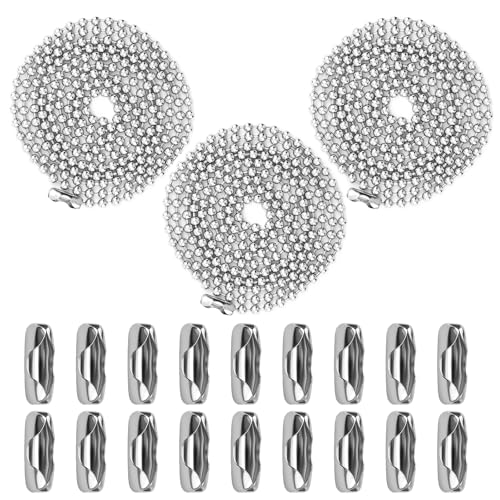 Notoke Cadena de bolas de acero inoxidable de 3 m, 3 mm de diámetro con 20 conexiones a juego, para collares, joyas, extensores de cadena de ventiladores, lámparas, lámparas, cortinas y etiquetas para
