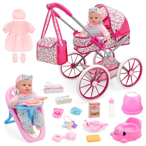 deAO Puppenwagen Set mit Babypuppe 30cm, Kinderwagen Höhe 51cm