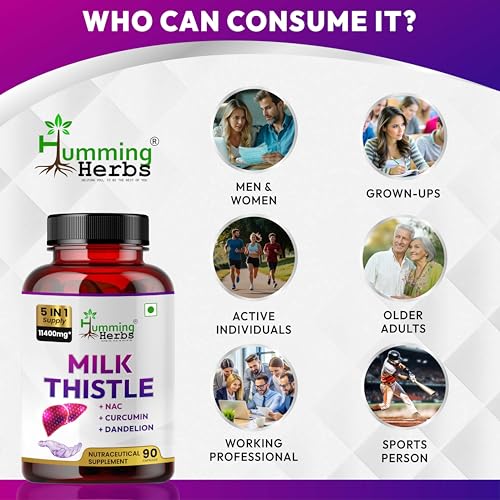 Image of Humming Herbs Milk Thistle supplement 1140mg Liver Support Formula with NAC, Curcumin, Dandelion and Black Pepper - 90 Veg Capsules, Bioavailable Detox Supplement