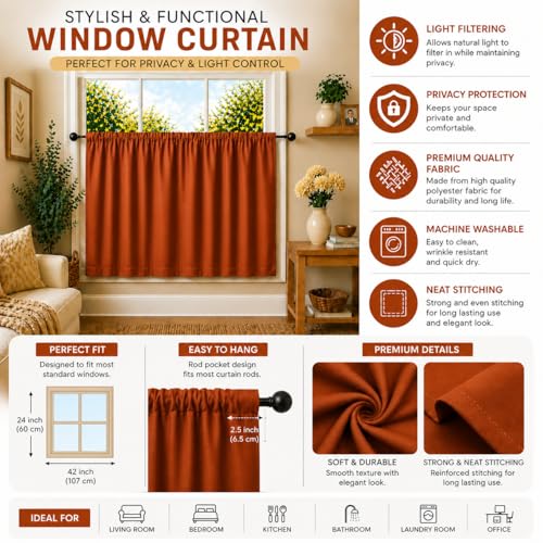 Image of Valance Blackout Rod Pocket Pattern Curtain Pack of 1 Piece, Kitchen Curtain | 3 Feet - Rust