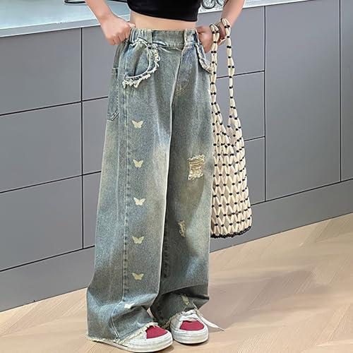 Little Girls Ripped Jeans Kids Raw Hem Bow Print Denim Pants Youth Wide Leg High Waisted Buttons Strechy Fashion Y2K Clothes4