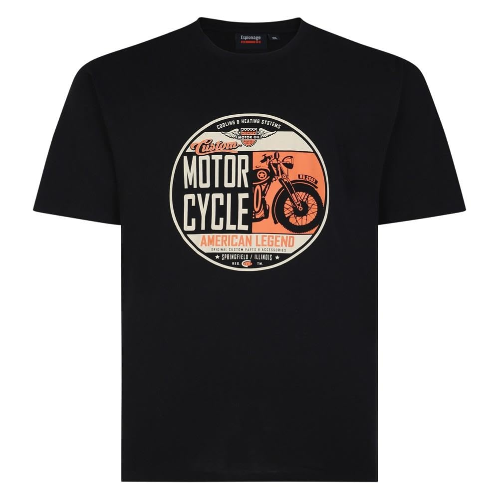 Espionage Men's Black Motorcycle Print T-Shirt Crewneck Short Sleeve Plus Big 2XL-8Xl T387 (Uk, Alpha, 5XL, Plus, Tall)