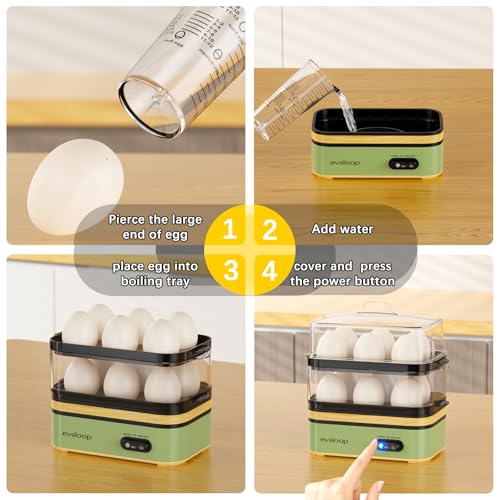 Image of Evoloop Rapid Egg Cooker Electric 12 Eggs Capacity, Soft, Medium, Hard Boiled, Poached, Omelet Maker Egg Poacher & Vegetable Steamer, BPA Free Tray（Green）