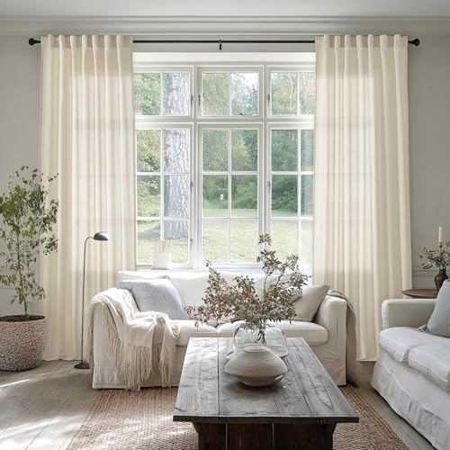 SHINELAND Warm Beige Sheer Linen Curtains, Country Curtain for Living