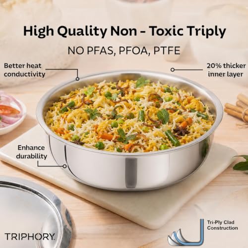 Image of Triply Stainless Steel Langdi Tope 22 cm 2.2 L | Extra Shallow Triply Tope | Patila, Tapeli, Bhagona, Degchi Cooking Pot | Heavy Induction Bottom | Gas & Induction Compatible