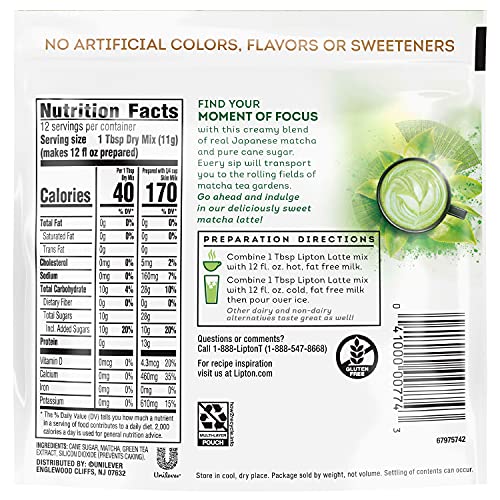 Lipton Japanese Matcha Latte Powder Mix Matcha Powder Sweetened Tea Add Dairy Nondairy Milk Of Choice Cafe Style Hot Or Iced Frappe Smoothie No Artificial Colors Flavor Or Sweetener 4.78 Oz 12 Ct #TOP1
