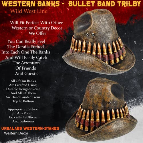Urbalabs Western Cowboy Trilby Bullet Hat And Silver Star Saddle Coin Banks Decorative Cowboy Boots Resin Banks Home Office Rustic Decor Country Living (Bullet Band Trilby) #TOP3