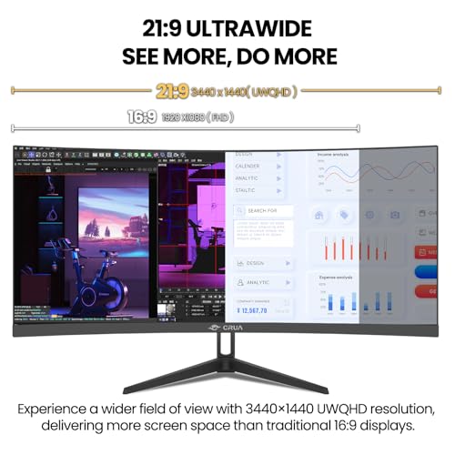 Image of CRUA 34 inch Ultrawide Curved Monitor, 21:9 UWQHD 3440x1440 100Hz 3800R IPS Computer Monitors with Built-in Speakers, FreeSync, 120% sRGB, 92% DCI-P3, Blue Light Filter, HDMI 2.0 & DP 1.4, Wall Mountable