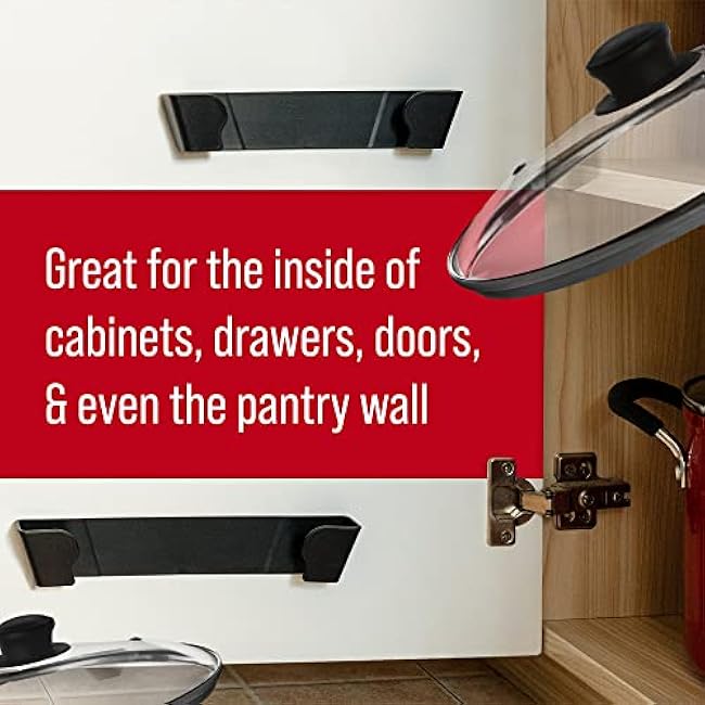 Maplefield Pot Lid Organizer for Kitchen Cabinets & Doors - Pack of 2 (6 & 9) Black - Stick-On Clips with Adjustable Pan Lid Storage Rack - No Tools Installation