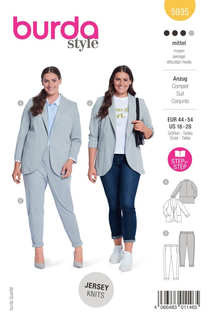 Burda Style 5935 - Cartamodello per tuta, pantaloni e giacca da cucire, da donna, taglia 38 – 58, livello di cucito: medio
