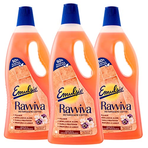 Emulsio Ravviva Cotto Detergente Pavimenti per Cotto Tradizionale o Moderno Ardesia Pietre Naturali Porose Formula Protettiva Profumo di Fiori Bianchi e Violetta a Lunga Durata - 3 Flaconi da 750ml