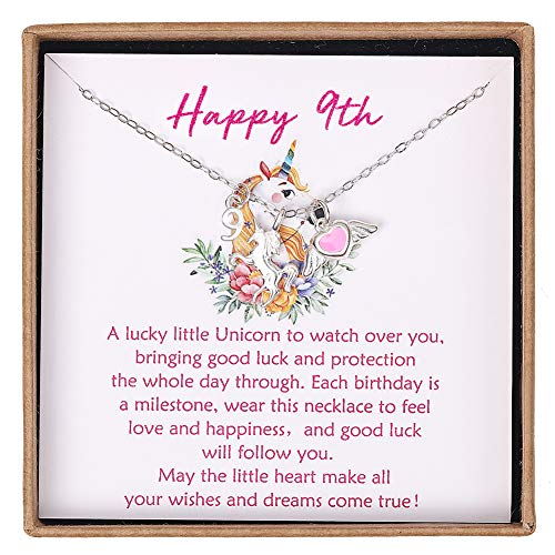 9 Year Old Girl Gifts for Birthday Sterling Silver Pink Heart with Wings and Unicorn Charm Necklace Birthday Gifts for 9 Year Old Girl Idea with Card and Gift Box