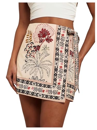 MakeMeChic Women's Plus Size Skirt Floral Print Wrap A Line High Waisted Boho Mini Skirts