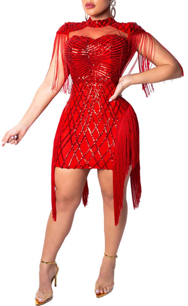 Womens Sexy Sequin Tassel Dress Sleeveless Mock Neck Front Cut Out Bodycon Club Party Mini Dress