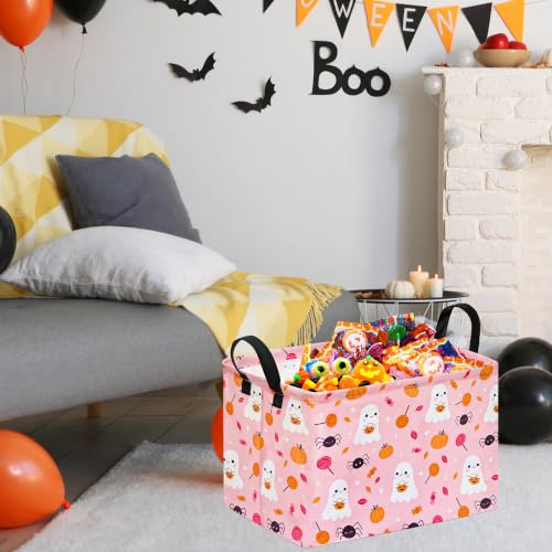 Image of Halloween Storage Basket Home Shelf Basket Rectangle Organizer Box Clothes Laundry Hamper Nursery Bin Gift Laundry Basket with Handles(Pink Cute Ghost Pumpkin)