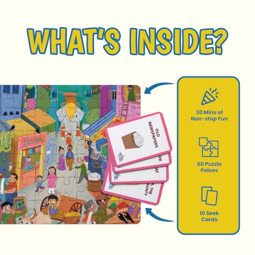 Image of The Curious Bees - Seek & Spot Puzzle & Game - Bazaar Puzzle | 60 Pieces + 10 Seek Cards | Gifts for Boys and Girls Ages 4-8 | BIS Approved | Made in India