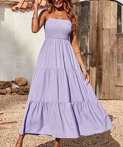 Image of Sexyshine Women's Square Neck Halter Lace Up Criss Cross Maxi Dress Tie Back Sleeveless Smocked Ruched A Line Dress