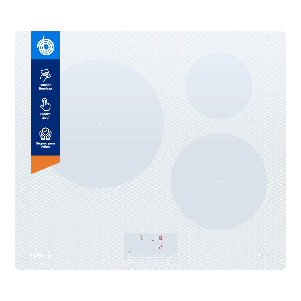 Balay - Induction Hob, 60 cm, 3 Burners, Giant Zone 28 cm, Sprint Function, Easy Touch Control, Time Programming, White, 3EB965WR