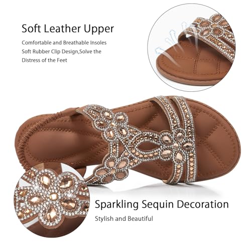 Image of iCKER Womens Rhinestone Strappy Flat Sandals Elastic Ankle Strap Open‑Toe | Sparkling,for wedding,party,evening dates,special occasion,Vacation,Formal