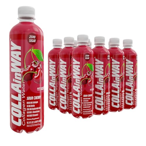 COLLAinWay Collagen Drink 8000mg Sour Cherry - Zero Sugar Biotin Hyaluronic Acid L-Glutathione Vitamin D - Support Hair Skin Nail & Bone Health Anti-Aging Hydrating Beauty Beverage Pack of 12