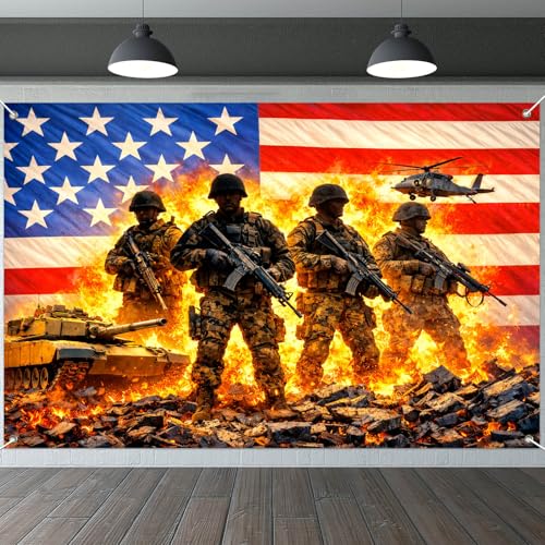Image of IVN Patriotic Soldier Backdrop Banner 71 x 43 Inch 4th of July Veterans Day Memorial Day Banner Decorations Supplies Independence Day Themed America Independence Day Backdrop