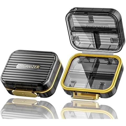Travel Pill Organizer, Small Pill Box, Acedada Portable Daily Pill Case for Pocket Purse, Moistureproof 7 Compartments Pill Container, Stylish Medicine Holder Organizer for Vitamins Fish Oils, Black Cover