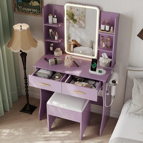 Image of Small Vanity Desk with Mirror and Lights, Makeup Vanity with LED Lights, Purple Vanity Mirror with Lighted Desk and Chair, 3 Lighting Adjustable Compact Dressing Table with Mirror for Women, Girls