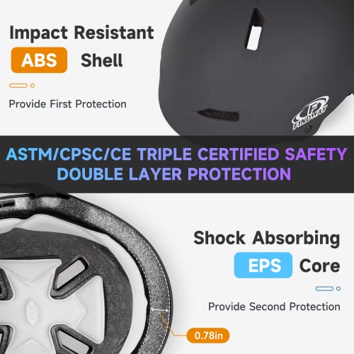 Findway Skateboard Cycling Helmet - Triple Certified Two Removable Liners Ventilation Multi-Sport Scooter Roller Skate Inline Skating Rollerblading BMX MTB for Kids, Youth & Adults