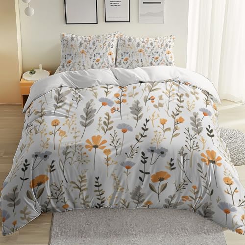 Funda Nordica Cama 180 240 x 260 cm, Simple Lineal Flores Silvestres 100% Microfibra Suave Blanco Ropa Cama con Estampado Moderno - Concealed Zip, Corner Belt Design